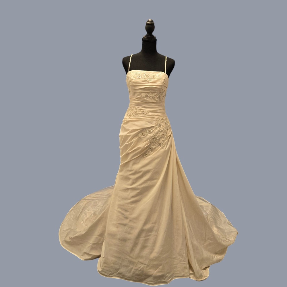 Anjolique Wedding Dress Size 12 Ivory Satin Beaded Lace Mermaid Chapel Train